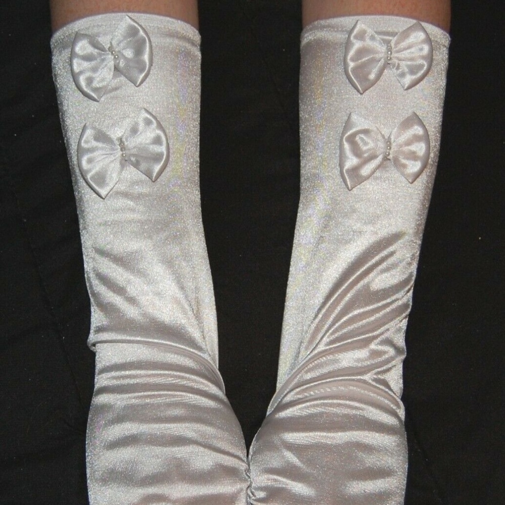 White Stretch Satin Wedding Gloves w/Pearls & Bows